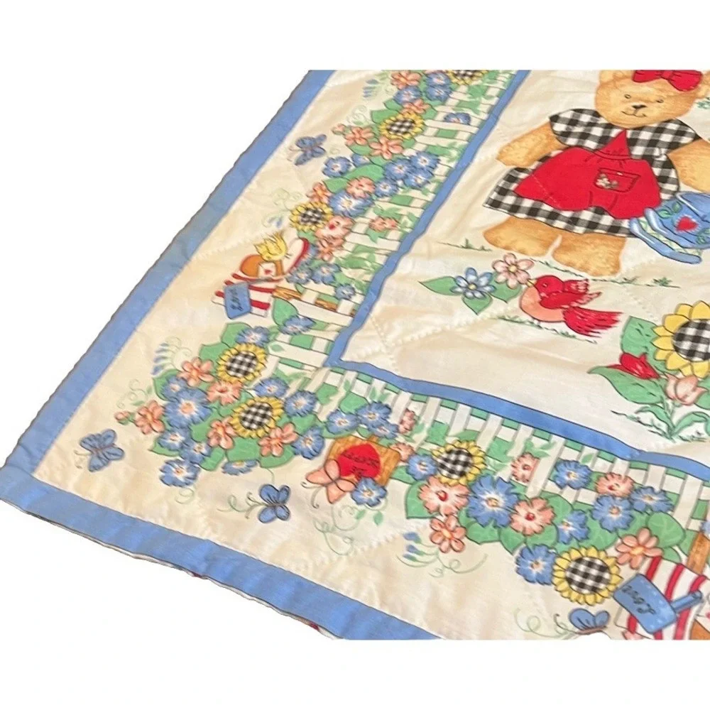 Vtg‎ Gardening Blue Jean Teddy Bear Blanket Family Baby Quilt Handmade 34